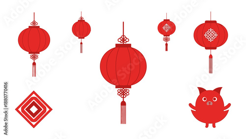 Assortment of Traditional Red Chinese Lanterns and Pig Figurine on Isolated White Background