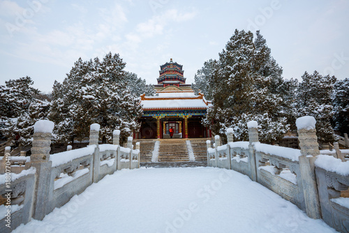 Konstfotografi Tower of Buddhist Incense ancient architectural complex snowscape at the Summer