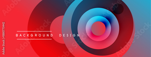 Abstract vibrant design features concentric circles, gradients. Red transitions to blue, creating dynamic visual impact. Text labels background, design.