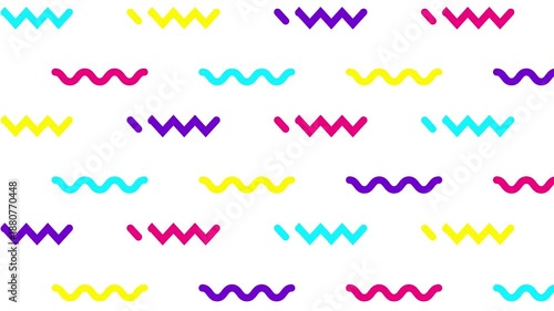 Animated colorful decorative wavy lines is drawn. Linear pattern multicolor background. Looped video. Vector illustration isolated on white background.