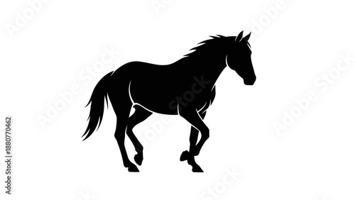 Graceful Black Silhouette of a Trotting Horse on Isolated White Background, Majestic and Elegant.