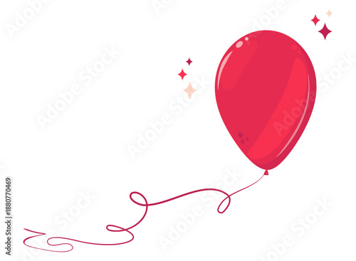 Red oval balloon on long ribbon, with copy space. The balloon rises upward. Vector isolated symbol of joy, freedom, love, passion, dreams. Bright helium wrap on string.
