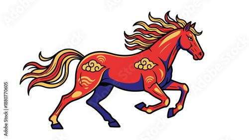 A running black stallion vector illustration features a wild horse with a red mane and ribbon galloping through a farm nature scene