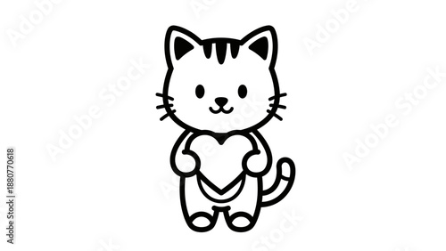 Cute Cartoon Cat Holding a Heart Symbol on Isolated White Background