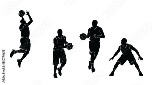 Dynamic Silhouettes of Male Basketball Players in Action on Isolated White Background