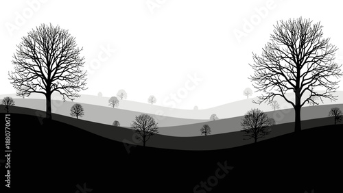 Peaceful Grayscale Landscape with Bare Trees on Rolling Hills Under a Calm Sky