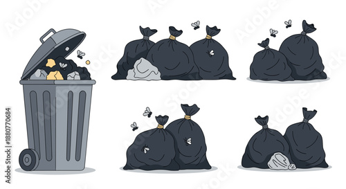 Garbage management illustration showing a full trash bin and several tied black plastic waste bags surrounded by flies and pollution.