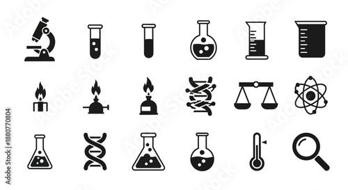 Black and white science laboratory icons.