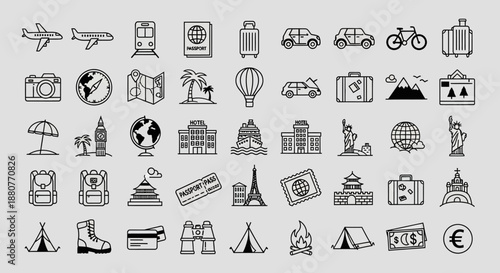 Black and white travel icons set 1.
