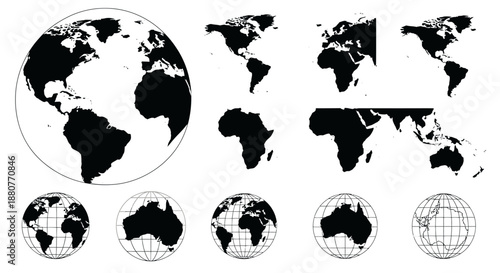 Black and white world map icons.
