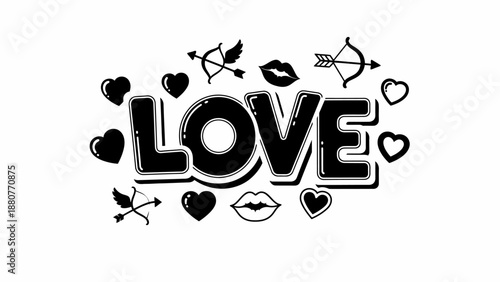 Stylized Black Text "LOVE" with Hearts, Cupid Arrows, and Lips, Romantic Design Element, Isolated White Background.