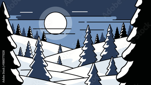 Serene winter night landscape with snow-covered pine trees and a bright full moon in the dark sky.