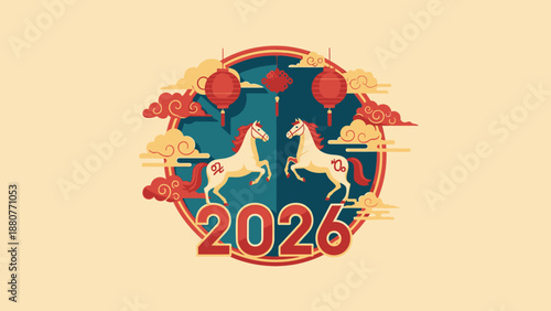 Traditional Chinese Lunar New Year 2026 design with majestic horses, red lanterns, and auspicious clouds.