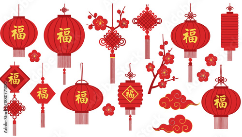 Assortment of Chinese New Year decorations featuring "Fu" character, red lanterns, and plum blossoms, isolated white background.