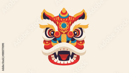 Colorful traditional Chinese lion dance head with intricate details, in a bright studio.