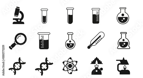 Black icons of science laboratory equipment.