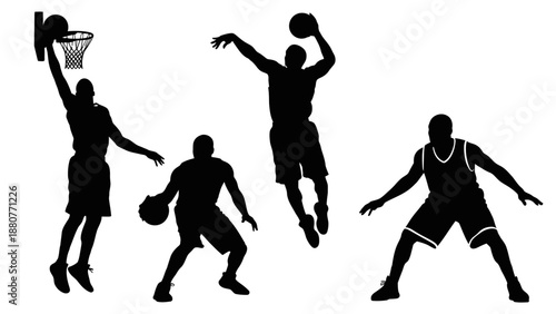 Dynamic Silhouettes of Basketball Players in Action, Sportive Team Playing and Competing, isolated white background.