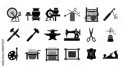 Black icons of sewing tools.