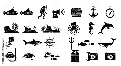 Black icons of sea creatures and diving.