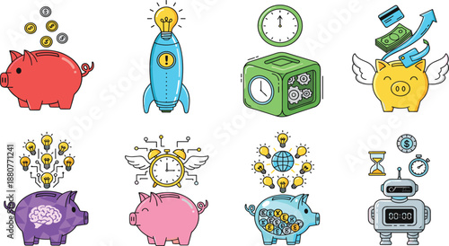 Creative Finance and Money Management Illustration Set Featuring Piggy Banks, Time Savings, Investments, Growth Ideas, Safe Box and Financial Concepts