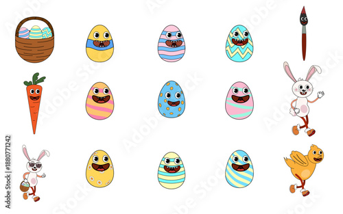 Set of groovy Easter egg bunny, basket cartoon vintage