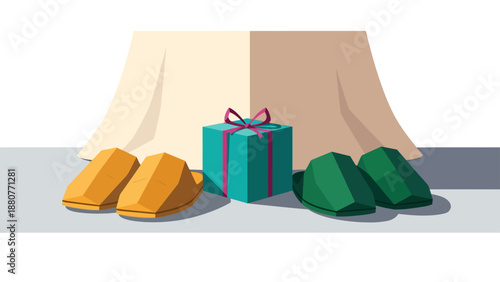 gift box and comfortable slippers elegantly placed under a draping table symbolizing home comfort warm gifting or quiet celebration