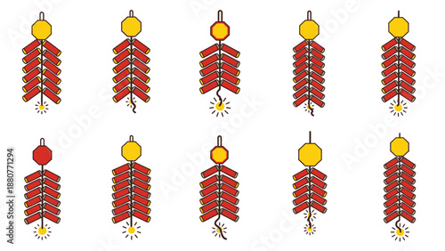 Collection of Red and Yellow Firecrackers with Lit Fuses, Festive Chinese New Year Celebration Elements, isolated white background.