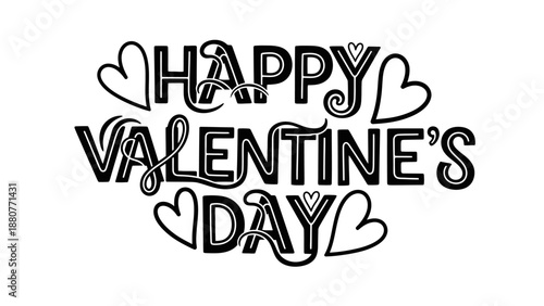 Happy Valentine's Day Outline Text with Hearts and Bubbles, isolated white background.