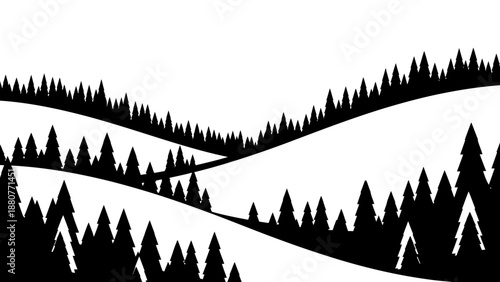 Winter Forest Landscape Silhouette with Snow Covered Hills and Coniferous Trees, isolated white background.