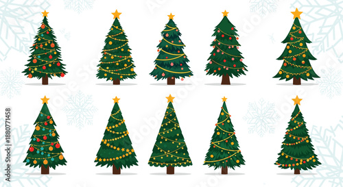 Diverse collection of ten uniquely decorated christmas trees with various ornaments, garlands, and stars for festive holiday designs.