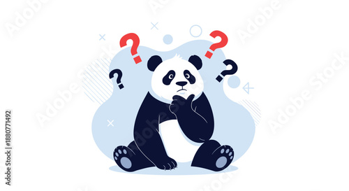 Cute cartoon panda sitting and looking confused with question marks floating above its head for problem solving and thinking themes.