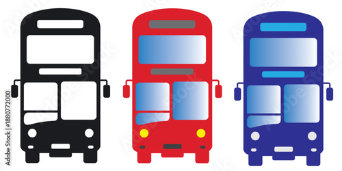 Colorful front view illustrations of classic double-decker buses for transportation design