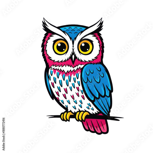 Cartoon Owl Sitting on Branch Bright Colors