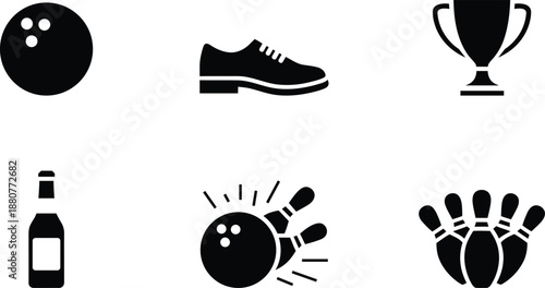 Set of sport and leisure icons including bowling ball pin shoe bottle and trophy isolated on transparent background