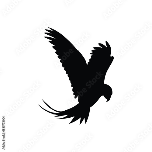 Black silhouette of a flying parrot bird with open wings isolated on a white background. Minimalist vector illustration element for wild nature, avian, mascot logo, and freedom concept.