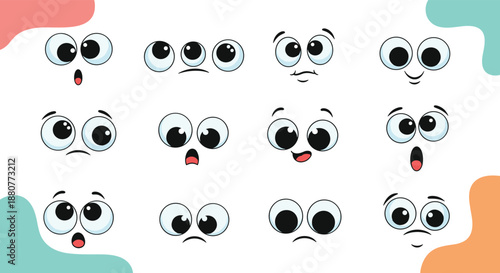 Collection of funny cartoon character faces showing various emotions with expressive eyes and mouths for comic design and mascot creation.