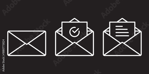 Professional black outline email icon set featuring open envelopes with at symbols 