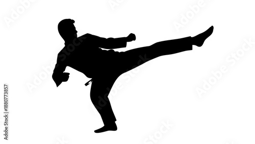 Dynamic silhouette of a karate master performing a high side kick, martial arts and self-defense training vector
