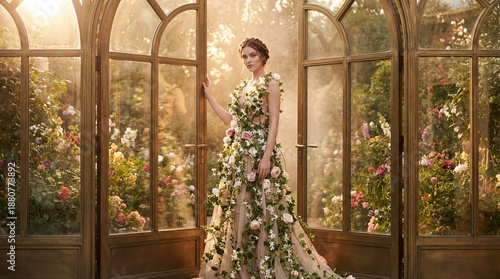 Elegant woman in floral gown standing in a sunlit greenhouse  