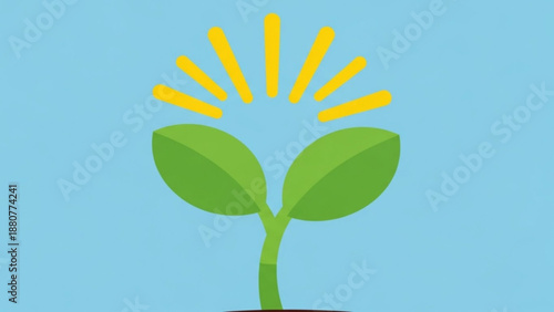 Green plant sprout with yellow sunlight on blue background growing