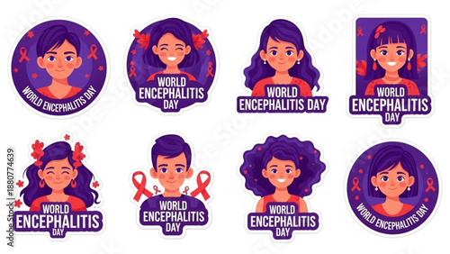 World encephalitis day awareness stickers with diverse people