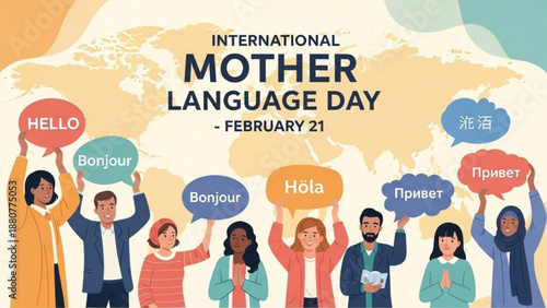 Diverse people celebrate international mother language day february