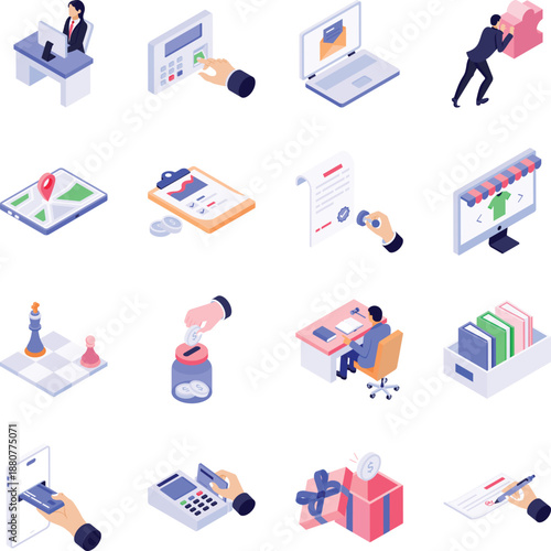 Collection of Business and Corporate Isometric Style Icons 
