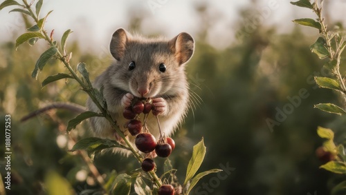 A Tiny Field Mouse Sits on a Branch Eating Berries.