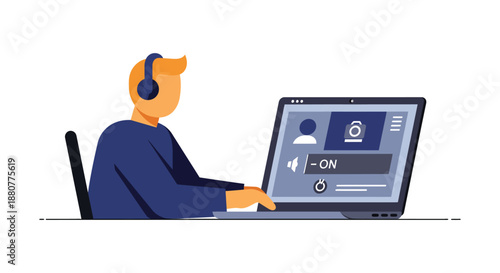 online meeting focus person with headphones uses laptop for remote learning and virtual conference depicting digital education.