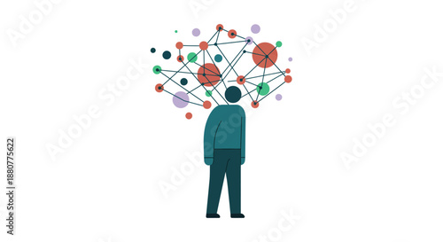 person facing complex problem illustration showing intricate mental network representing deep thinking cognitive load or data.