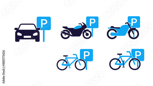 parking signs for car motorcycle and bicycle displaying designated spots with p signs for urban transportation design and city planning concepts