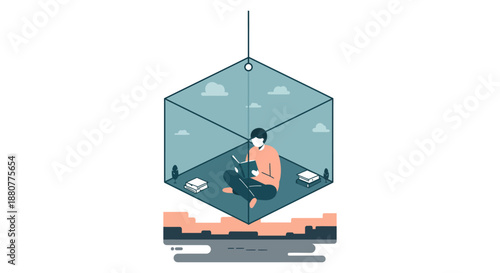 person reading a book inside a suspended transparent cube above a city symbolizing focused self-education and quiet contemplation in a private space.