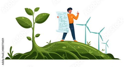 young man showing renewable energy blueprint standing on a green hill with wind turbines and a plant symbolizing sustainable future.
