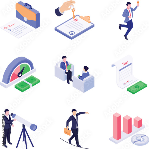 Collection of Business and Corporate Isometric Style Icons 